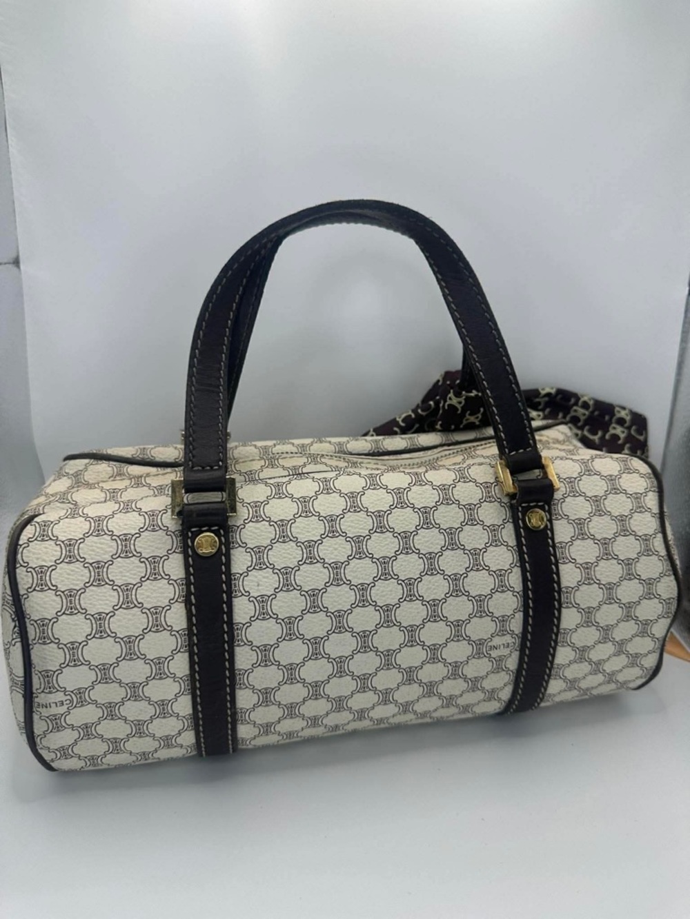 Celine Cream and Brown Monogram Top Handle Bag with Branded Scarf - Picture 13 of 13